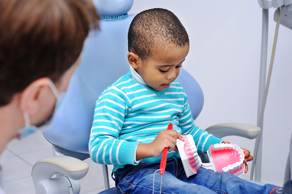 A small boy in a dentist's chair looks at a model of teeth